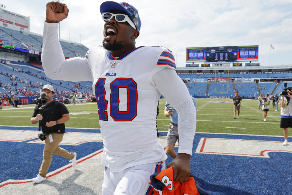 Buffalo Bills' Von Miller reacts as he leaves the field after a preseason NFL football game against the Denver Broncos, Saturday, Aug. 20, 2022, in Orchard Park, N.Y. (AP Photo/Jeffrey T. Barnes)