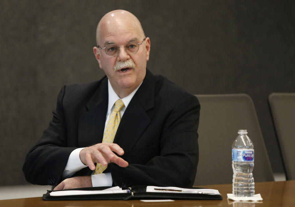 In this Feb. 9, 2018 photo, former state District Judge Vickers "Vic" Cunningham, who was running for the Republican nomination for Dallas County commissioner in District 2, answers questions in an editorial board meeting at The Dallas Morning News in Dallas. Randy Halprin, a Jewish death row inmate who was part of the "Texas 7" gang of escaped prisoners, has filed an appeal claiming that Cunningham, the former county judge who convicted him, was anti-Semitic and frequently used racial slurs. Halprin argues that Cunningham should've recused himself. (Vernon Bryant/The Dallas Morning News via AP)