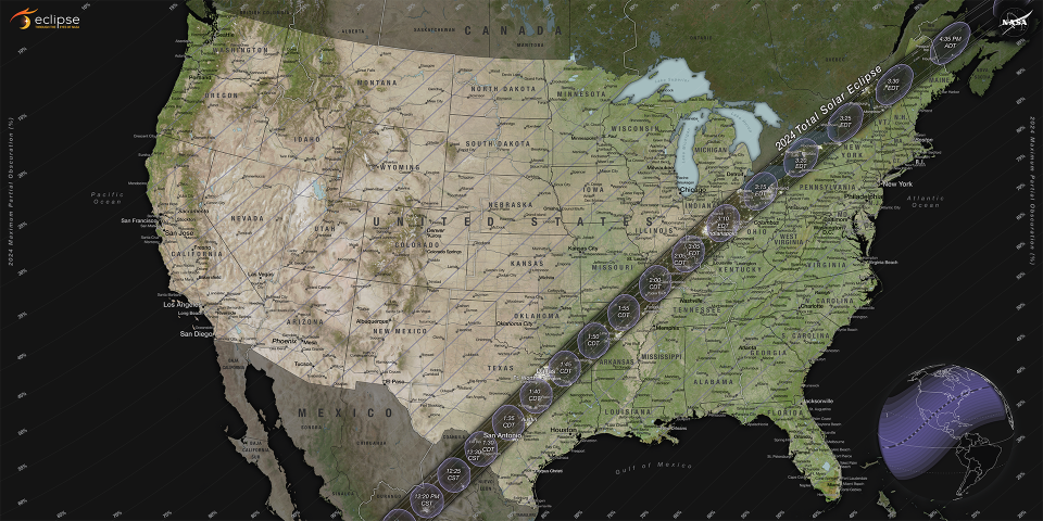 North American areas within a band stretching from southwest Texas to Maine will experience a total eclipse of the sun on April 8, 2024 while some outside the path will see a partial eclipse.