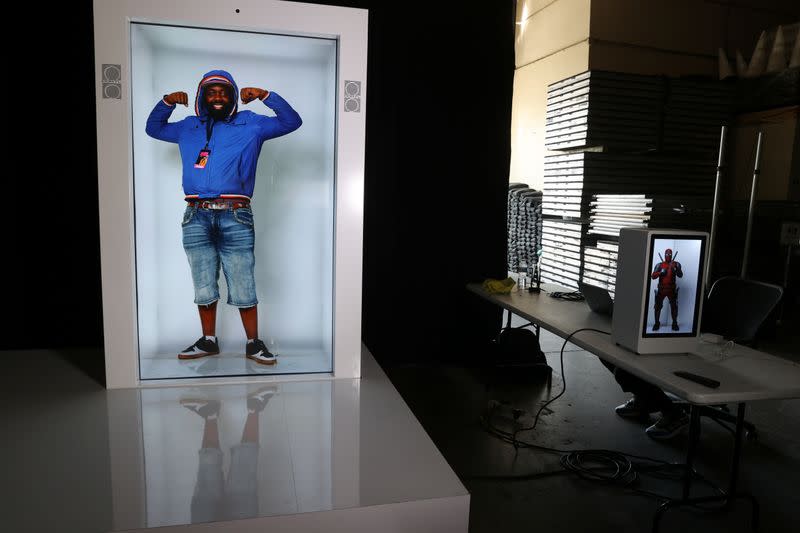 A Portl A.I.-powered life-size hologram is seen in Gardena, near Los Angeles