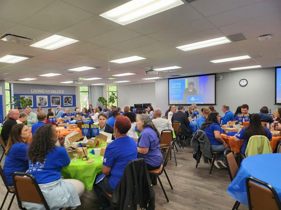 Members of Amarillo College and the community gather for the Aspen Prize announcement at the college Thursday in Amarillo.