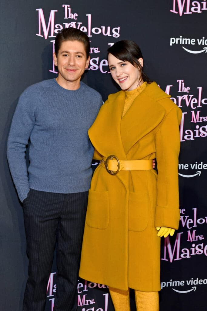 Michael Zegen and Rachel Brosnahan celebrate “The Marvelous Mrs. Maisel” fourth season premiere at the 1960’s themed Maisel Skate Night at Winter Village at Bryant Park Ice Rink on February 05, 2022 in New York City.