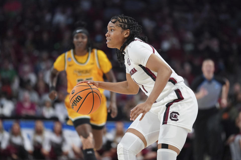 South Carolina guard Zia Cooke dribbles the ball in the first half of a first-round college basketball game in the NCAA Tournament, Friday, March 17, 2023, in Columbia, S.C. South Carolina won 72-40. (AP Photo/Sean Rayford)