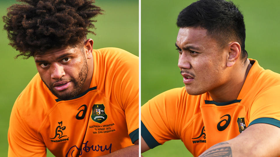 Wallabies players Rob Valenti and Len Ikitau are pictured side by side, looking dejected after the loss to Argentina.