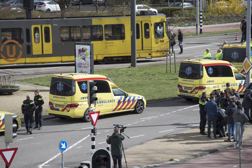 Ambulances are seen next to a tram after a shooting in Utrecht, Netherlands, Monday, March 18, 2019. (Photo: Peter Dejong/AP)