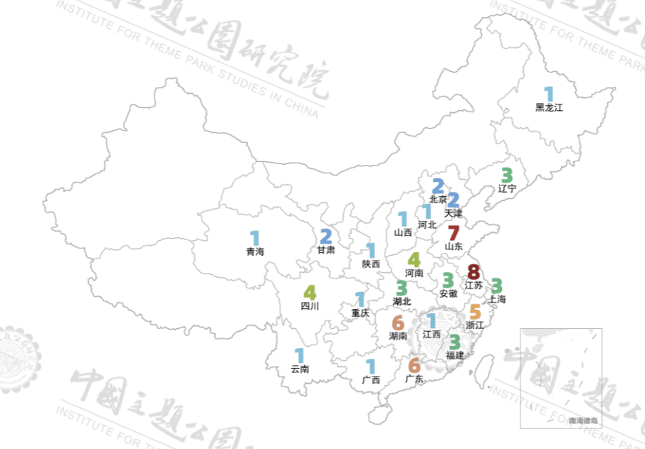 中國內地的主要主題樂園數目分佈