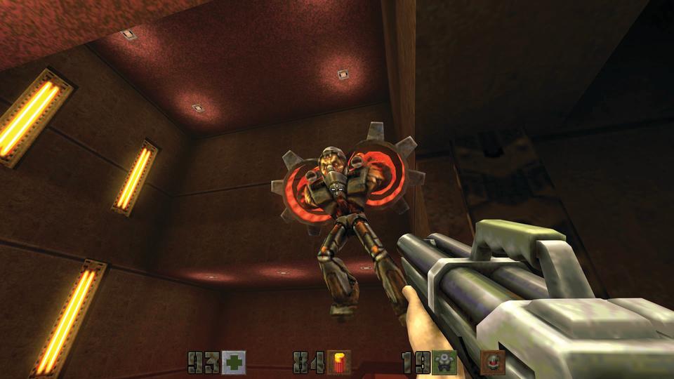 Fighting a flying enemy in Quake 2.