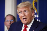 President Donald Trump speaks about the coronavirus in the James Brady Press Briefing Room of the White House, Friday, April 3, 2020, in Washington. (AP Photo/Alex Brandon)