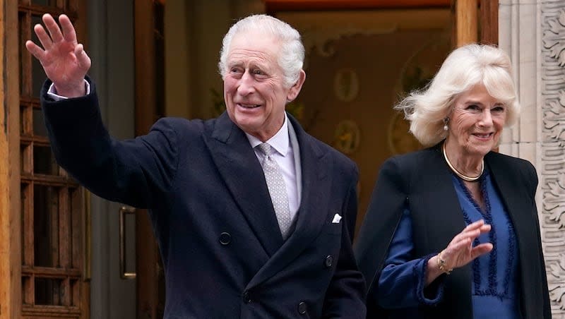 FILE - Britain's King Charles III and Queen Camilla leave The London Clinic in central London, Monday, Jan. 29, 2024. King Charles III was in hospital to receive treatment for an enlarged prostate.