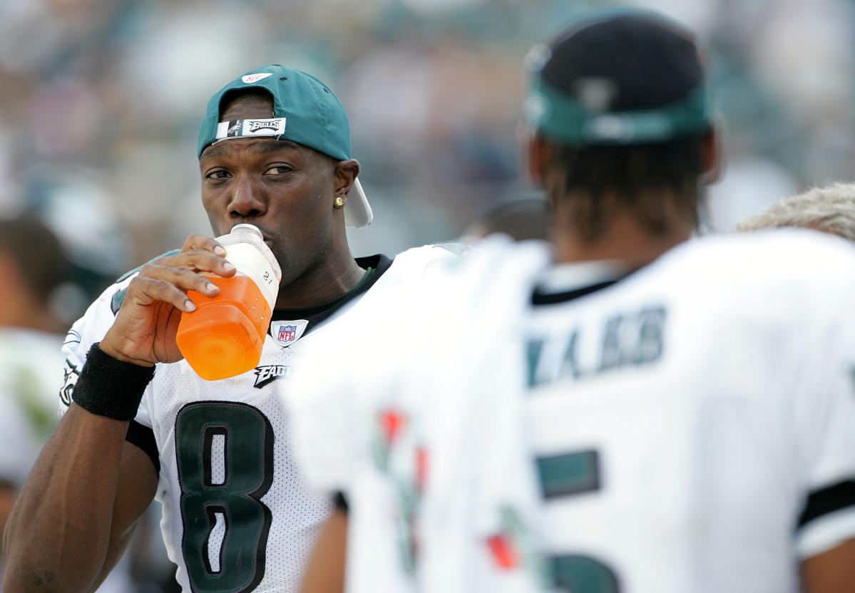 Philadelphia Eagles quarter back Donovan McNabb jokes during