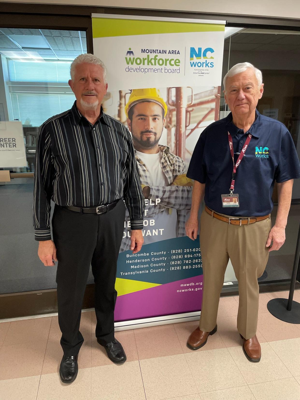 Madison County Veteran Services Officer Dan Jackson and Norris Gentry, NC Works Career Center coordinator and former Madison County commissioner and interim county manager, pose at A-B Tech's Madison campus, site of a veterans health benefits fair April 6.