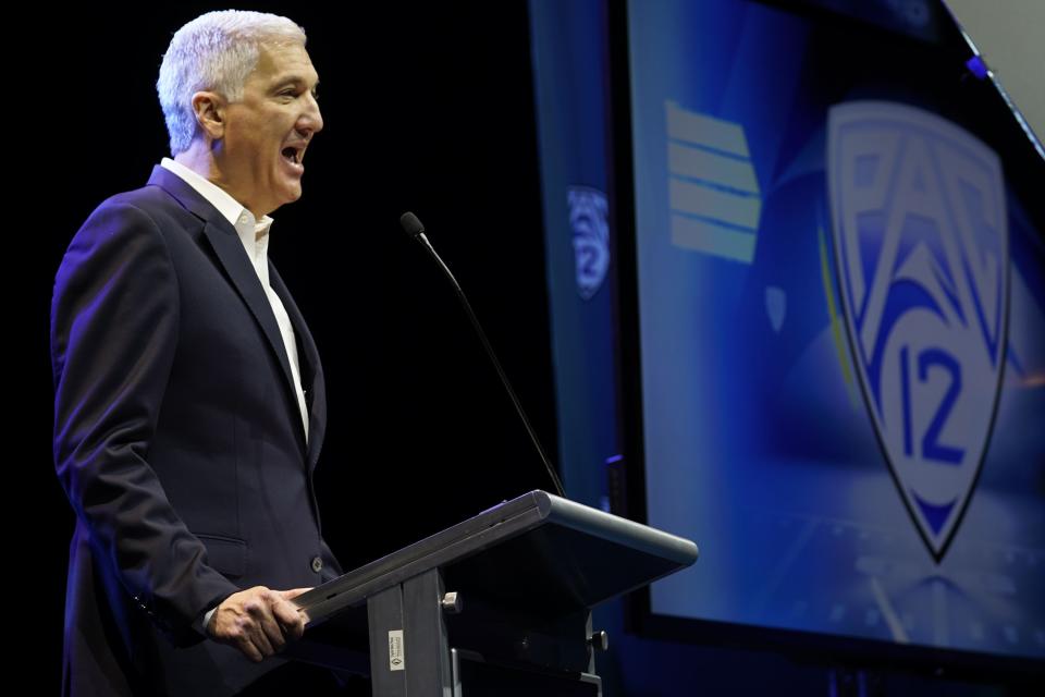 Pac-12 commissioner George Kliavkoff speaks at Pac-12 NCAA college football media day Friday, July 29, 2022, in Los Angeles. Kliavkoff is busy trying to negotiate a new media rights deal for the league. | AP