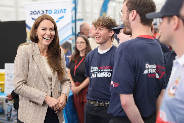 <p>Chris Jackson/Getty Images</p> Kate Middleton chats with Cadets during her visit to the Air Tattoo at RAF Fairford.