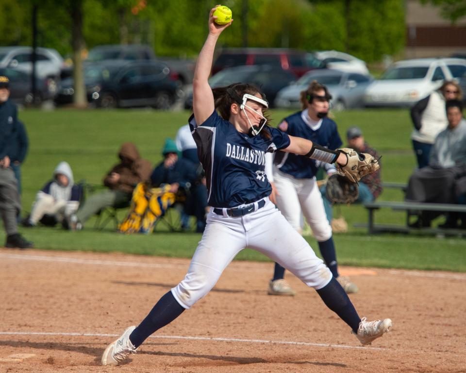 Dallastown’s Gabby Fowler pitches to a Central York batter on Wednesday, May 3, 2023. She finished with 11 strikeouts.