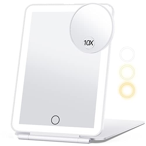 Rechargeable Travel Makeup Mirror with 10X Magnifying Mirror, Vanity Mirror with 80LEDs, 3 Color Lighting, High Capacity 2000mAh Batteries, Portable Ultra Slim Lighted Makeup Mirror, Travel Essential (AMAZON)