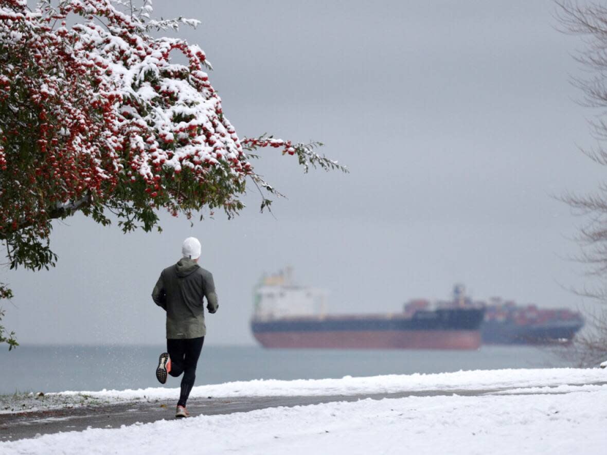 A jogger runs through Stanley Park in December 2021. The cold is expected to stick around through the weekend and into next week, according to an Environment Canada meteorologist. (Andrew Lee/CBC News - image credit)