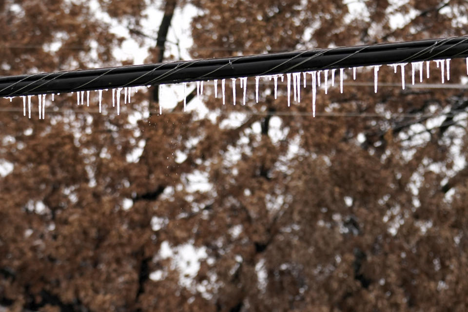 Icicles coat and hang off an electrical line after a few days of sleet and snow, Thursday, Feb. 2, 2023, in Richardson, Texas. (AP Photo/Tony Gutierrez)