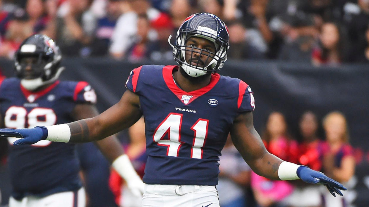 Mandatory Credit: Photo by Eric Christian Smith/AP/Shutterstock (10457816js)Houston Texans inside linebacker Zach Cunningham (41) during the first half of an NFL football game against the Oakland Raiders, in HoustonRaiders Texans Football, Houston, USA - 27 Oct 2019.