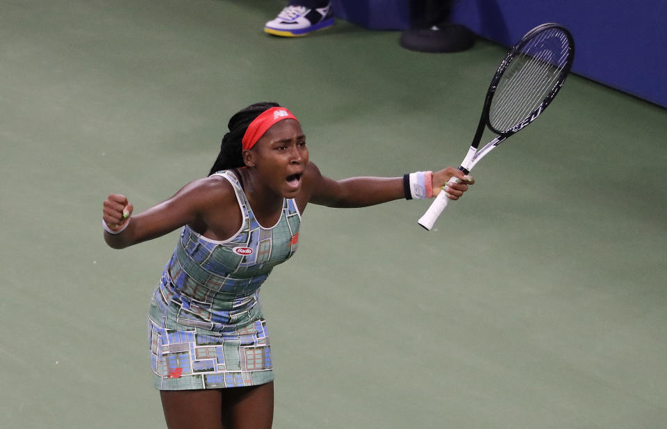 Coco Gauff, of the United States, reacts after defeating Anastasia Potapova, of Russia, during the first round of the US Open tennis tournament Tuesday, Aug. 27, 2019, in New York. (AP Photo/Julie Jacobson)