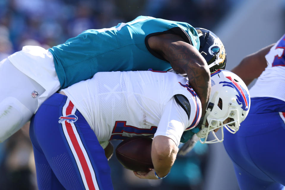 The Jaguars' Josh Allen sacks Josh Allen of the Buffalo Bills. (Photo by Sam Greenwood/Getty Images)