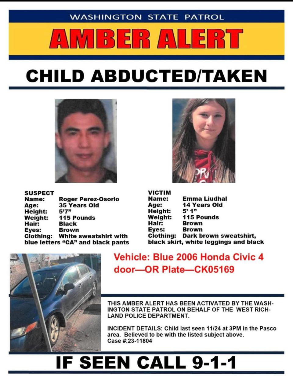 An Amber Alert was issued for a 14-year-old girl who is believed to have been taken by a 35-year-old man from the Tri-Cities.
