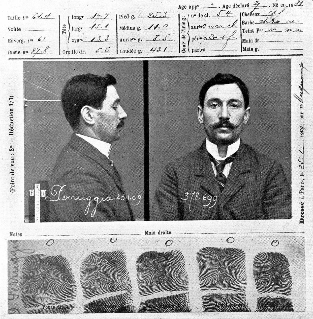 The police record of Vincenzo Peruggia who attempted to steal Leonardo de Vinci's painting 'The Mona Lisa' in 1911, 25th January 1909. (Photo by Roger Viollet via Getty Images)