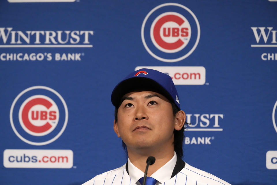 New Chicago Cubs pitcher Shōta Imanaga takes part in a news conference Friday, Jan. 12, 2024, in Chicago. The Japanese left-hander is expected to step right into the baseball team's rotation as it tries to return to the playoffs for the first time since 2020. (AP Photo/Nam Y. Huh)