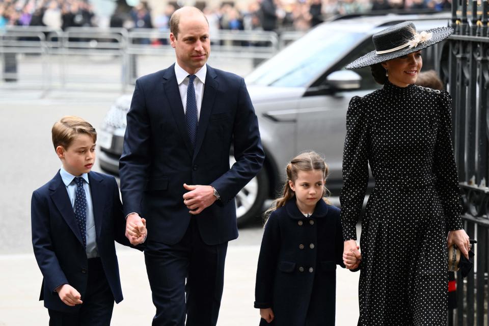 Prince William, Duke of Cambridge and Duchess Kate of Cambridge and their children Prince George and Princess Charlotte, attended a service of thanksgiving for Prince Philip, Duke of Edinburgh, at Westminster Abbey in London on March 29, 2022.