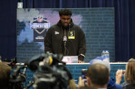 Louisville offensive lineman Mekhi Becton speaks during a press conference at the NFL football scouting combine in Indianapolis, Wednesday, Feb. 26, 2020. (AP Photo/Michael Conroy)