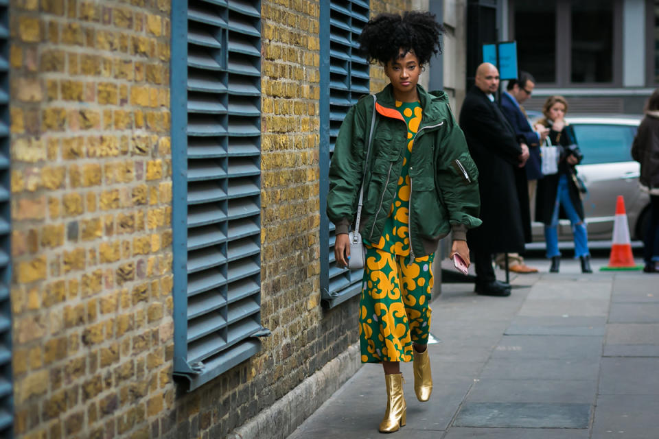 Candace Marie adds new life to her bomber jacket with an almost-matching green-and-yellow co-ord set.