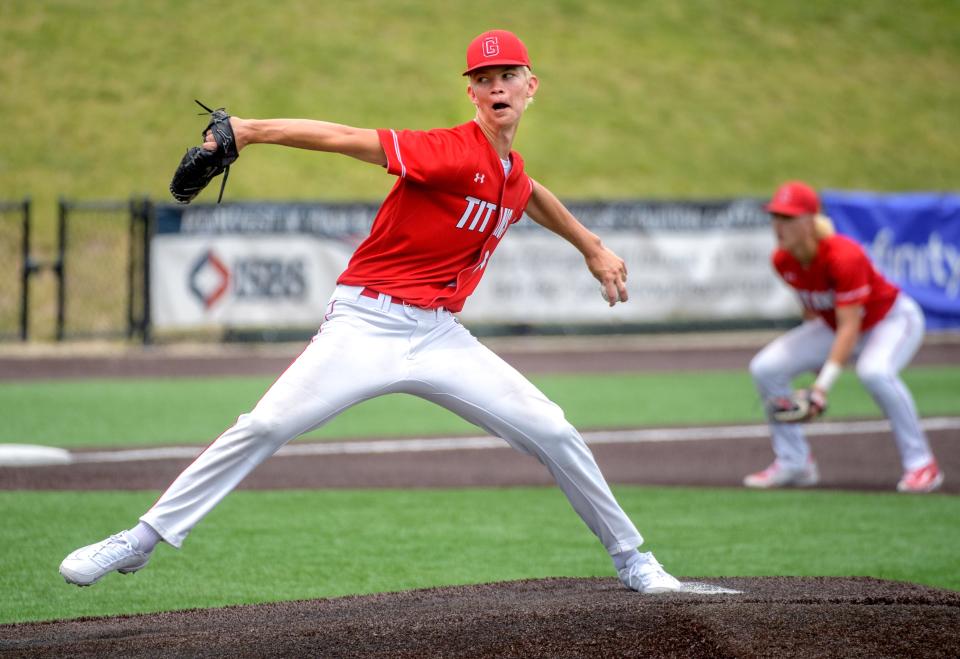 Chatham Glenwood pitcher Zane Danielson throws against Nazareth Academy in the Class 3A state baseball title game Saturday, June 11, 2022 at Duly Health & Care Field in Joliet.