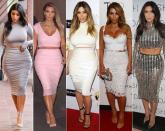 <p>Kim has been making the most of her enviable hourglass figure with a seemingly endless supply of matching, coordinating skirts and crop tops. Who said matching was boring? <i>(Photo: Getty Images)</i><br></p>