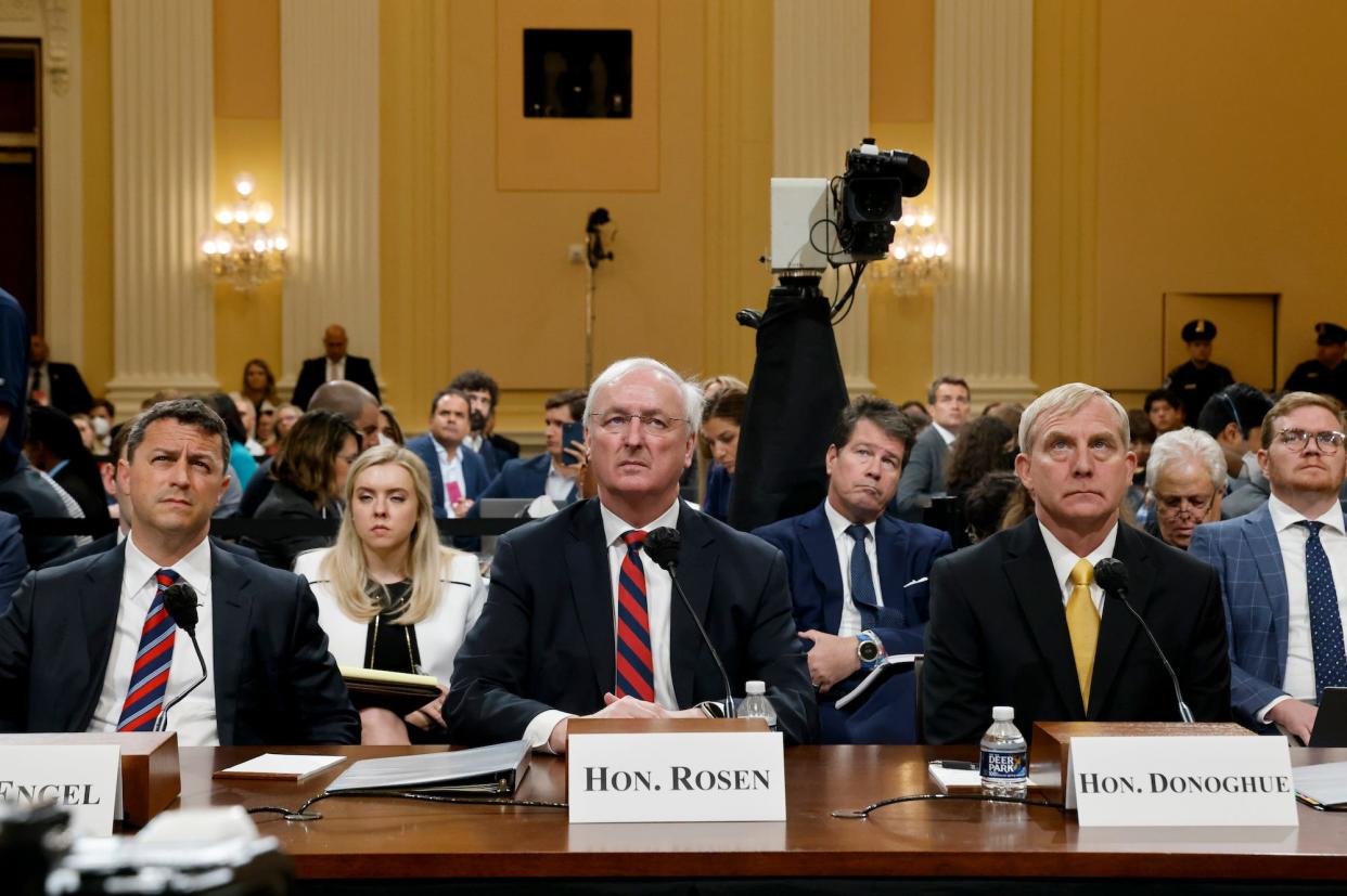 Former Assistant U.S. Attorney General for the Office of Legal Counsel Steven Engel (L), former Acting U.S. Attorney General Jeffrey Rosen (C) and former Acting U.S. Deputy Attorney General Richard Donoghue (R) look on during the fifth hearing held by the House Select Committee to Investigate the January 6th Attack on the U.S. Capitol on June 23, 2022 in the Cannon House Office Building in Washington, DC.