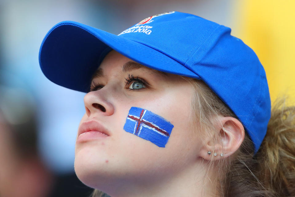 <p>A female fan of Iceland looks on during the 2018 FIFA World Cup Russia group D match between Argentina and Iceland at Spartak Stadium on June 16, 2018 in Moscow, Russia. (Photo by Robbie Jay Barratt – AMA/Getty Images) </p>