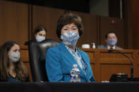 Sen. Susan Collins, R-Maine, listens during a Senate Health, Education, Labor, and Pensions committee hearing on Capitol Hill in Washington on Thursday, Feb. 25, 2021. (Tom Brenner/Pool via AP)