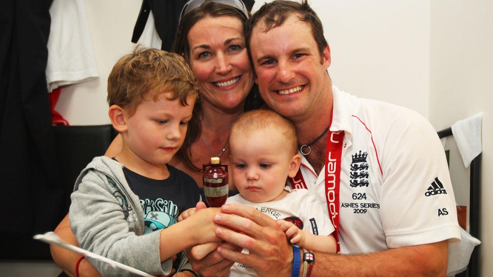 Andrew Strauss with wife Ruth and children Samuel and Luca after a Test in 2009.  (Photo by Tom Shaw/Getty Images)