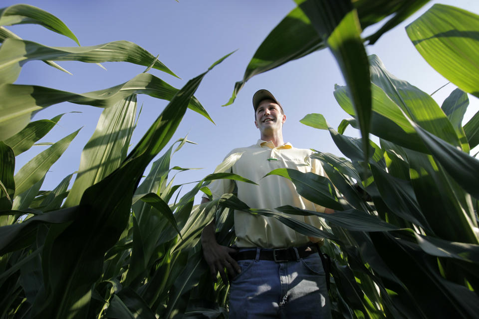 In this Tuesday, June 19, 2012 photo, Matt Danner stands among stalks of corn in a field on his farm near Templeton, Iowa. Danner, part of a five-generation farm family that has worked the same land in this area for more than 120 years, says he still recalls watching grown men cry at farm sales. At 33, he says this probably is the best time to farm he's seen in 15 years. "It takes 10 good years to fix the five bad ones of the ‘80s," he says. "It's going to go the other way. It always does. There's plenty of history to prove it's not going to last long." (AP Photo/Charlie Neibergall)