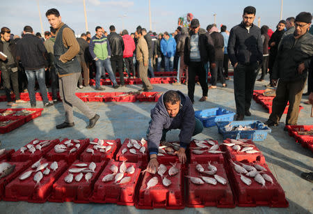 A man displays fish for sale at the seaport of Gaza City, after Israel expanded fishing zone for Palestinians April 2, 2019. REUTERS/Suhaib Salem