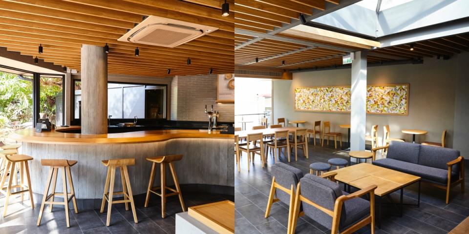 室內以弧形設計呈現手沖吧台，提供手沖咖啡服務及氮氣冷萃咖啡