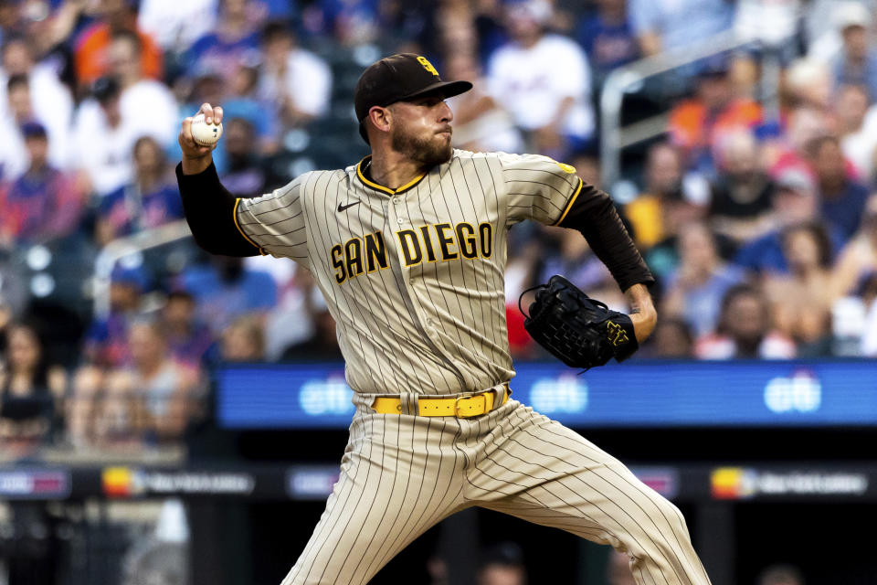 San Diego Padres starting pitcher Joe Musgrove throws during the first inning of a baseball game against the New York Mets, Sunday, July 24, 2022, in New York. (AP Photo/Julia Nikhinson)