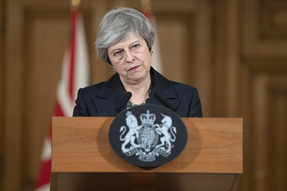 Theresa May, U.K. prime minister, listens to a question from reporters as she delivers a statement on the Brexit agreement during a news conference inside number 10 Downing Street in London, U.K., on Thursday, Nov. 15, 2018. (Photo: David Levenson/Bloomberg via Getty Images)
