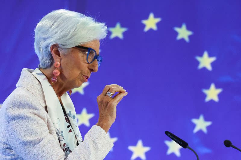 ECB's Lagarde speaks to reporters following monetary policy meeting in Frankfurt