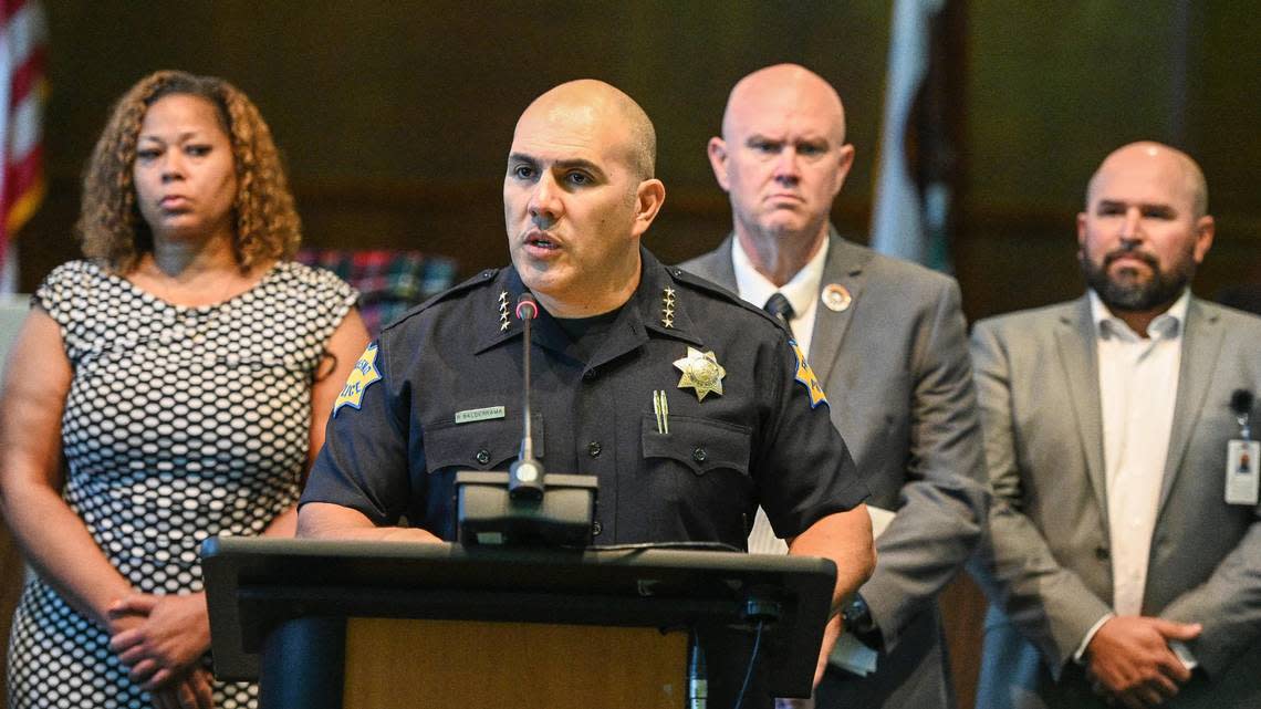 Fresno Police Chief Paco Balderrama addresses the media about an altercation that occurred between the Principal and a student at Wolters Elementary School during a press conference at Fresno Unified School District in Fresno on Thursday, Sept. 8, 2022.