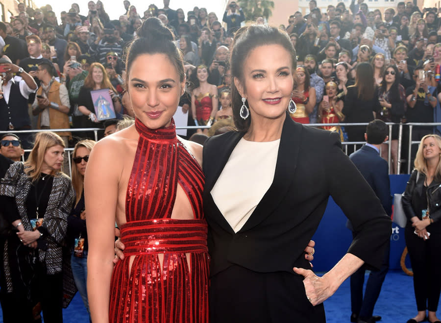 <p>Wonder Women now and then: Gal Gadot, 32, poses with the original TV superheroine Lynda Carter, 65, at the “Wonder Woman” premiere in Hollywood on May 25. “What Lynda Carter did with the character is fantastic and amazing, and I love it,” <a rel="nofollow noopener" href="http://www.gamesradar.com/wonder-woman-star-gal-gadot-and-director-patty-jenkins-on-how-lynda-carters-portrayal-inspired-them/" target="_blank" data-ylk="slk:Gadot recently told SFX magazine;elm:context_link;itc:0;sec:content-canvas" class="link ">Gadot recently told SFX magazine</a>. “The Wonder Woman that is being introduced — reintroduced — now is different [but] she has a lot of the qualities Lynda Carter brought to the Wonder Woman character of ’75.” (<a rel="nofollow noopener" href="http://variety.com/2016/tv/news/lynda-carter-wonder-woman-gal-gadot-1201884326/" target="_blank" data-ylk="slk:Carter told Variety;elm:context_link;itc:0;sec:content-canvas" class="link ">Carter told <em>Variety</em></a> last year that she was approached about an appearance in the movie, but couldn’t work it into her schedule, alas.) (Photo: Alberto E. Rodriguez/Getty Images) </p>