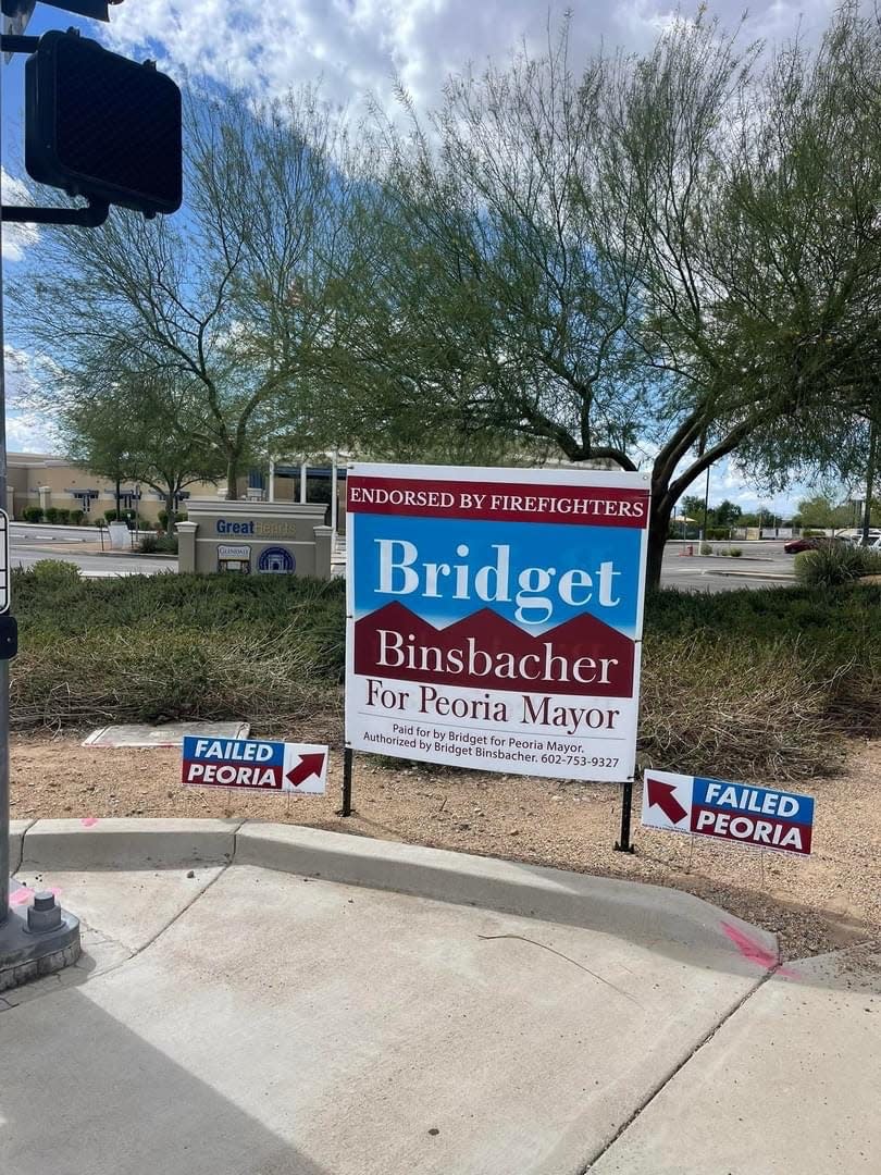 Peoria resident Traci Kinney said about three-quarters of the signs she printed and posted around the city adjacent to Bridget Binsbacher and Vicki Hunt's signs have been stolen. Some of her signs were initially confiscated by the city for code violations.