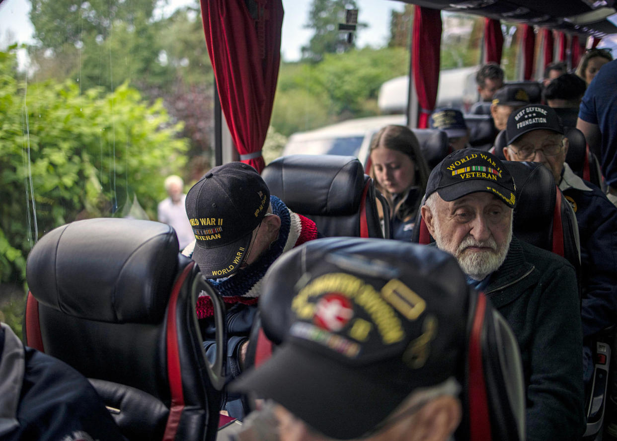 Pvt. Gideon Kantor on a bus following a ceremony in Benouville, France, on June 5, 2024. (Rafael Yaghobzadeh for NBC News)