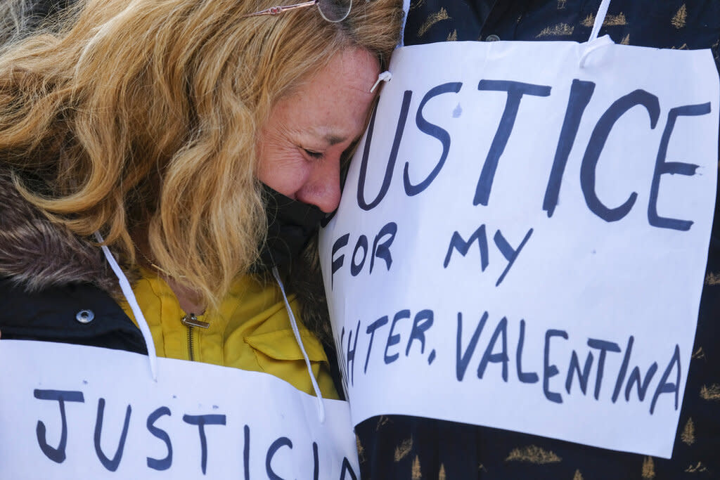 Soledad Peralta, mother of Valentina Orellana-Peralta, cries at a news conference outside Los Angeles Police Department Headquarters. Orellana-Peralta was killed by a stray bullet fired by an LAPD officer at a North Hollywood clothing store. (AP Photo/Ringo H.W. Chiu)