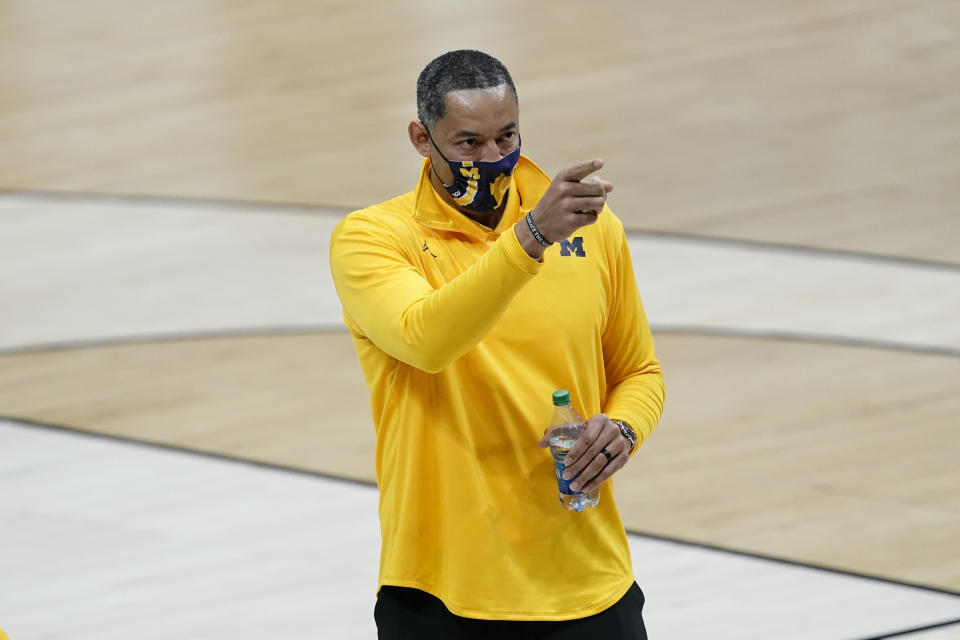 Michigan head coach Juwan Howard reacts after a second-round game against LSU in the NCAA men's college basketball tournament at Lucas Oil Stadium Monday, March 22, 2021, in Indianapolis. Michigan won 86-78. (AP Photo/AJ Mast)