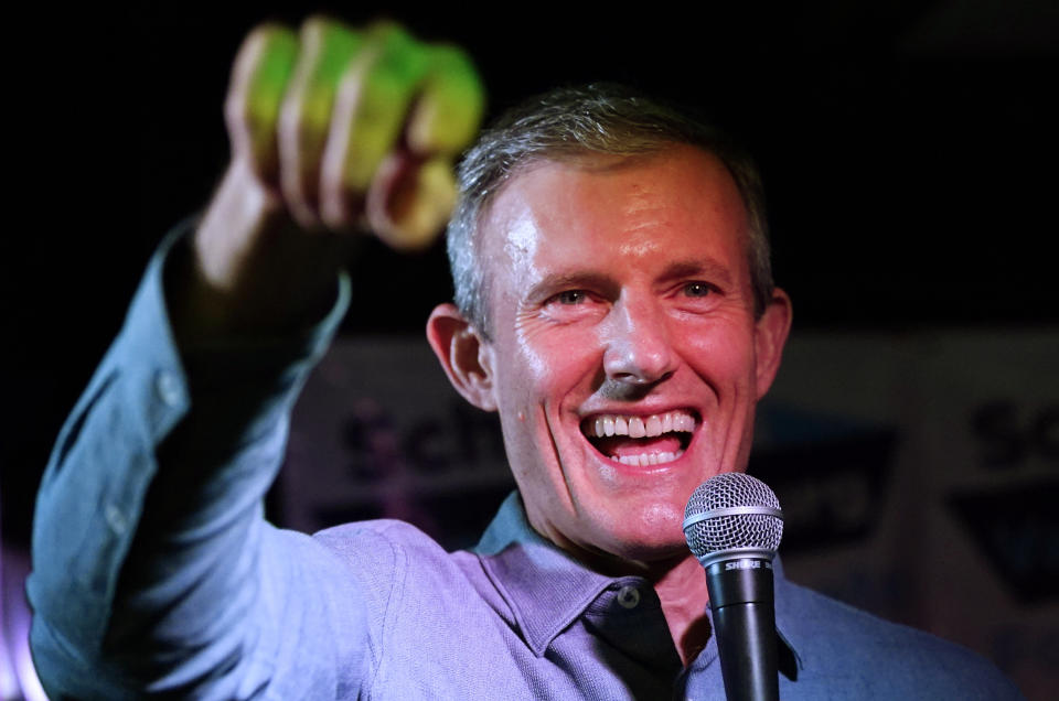 Del. Rodney Willett, D-Henrico, speaks at an election party Tuesday, Nov. 7, 2023, in Richmond, Va. (AP Photo/Steve Helber)