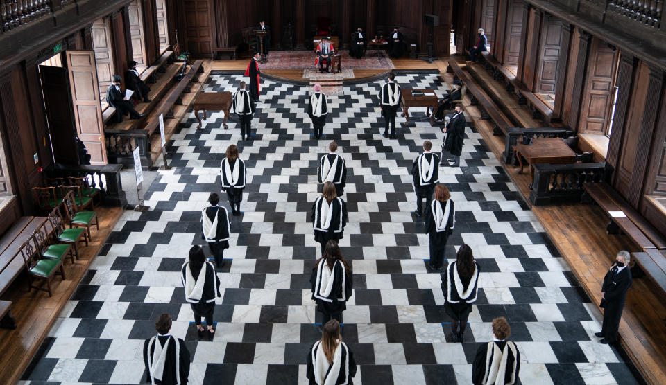 <p>Students from King's College during their graduation ceremony in Senate House at the University of Cambridge. Picture date: Wednesday June 30, 2021.</p>
